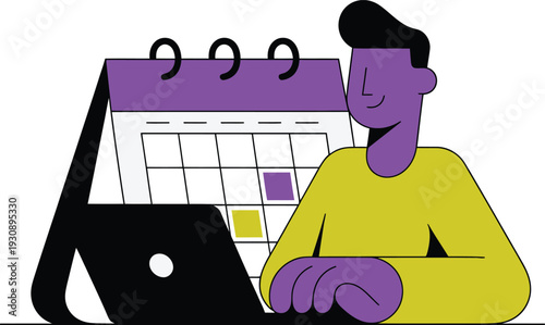 Person with purple hair using a laptop next to a calendar yellow shirt