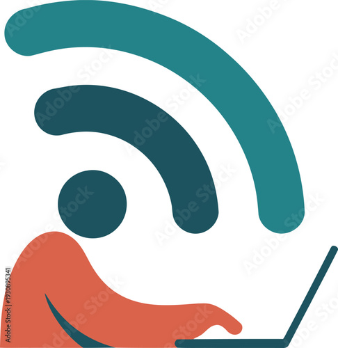 Person with orange hair using a laptop under a blue wi- fi signal symbol wi-fi
