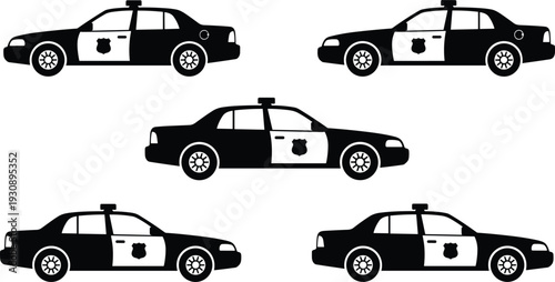 Set of black police car silhouettes in different angles with siren lights, vector icons for law enforcement emergency security patrol and city safety design