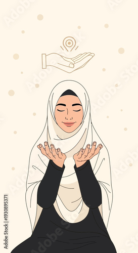 Peaceful Woman in Hijab Praying with Open Hands Seeking Guidance and Blessings