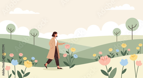 Peaceful Woman Walks Through Blooming Spring Meadow