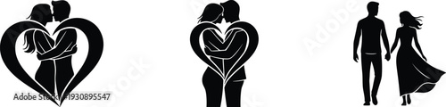 Set of black romantic couple silhouettes with lovers hugging inside heart shapes and walking together, vector icons for valentines day wedding and relationship branding