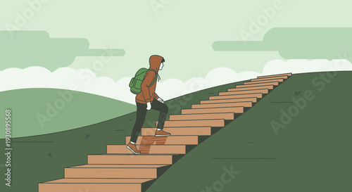 Person Ascending A Staircase Towards The Summit With A Backpack Symbolizing Journey