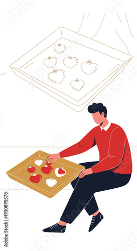 Person Arranging Heart Shaped Cookies On Baking Sheet For Valentine's Day Celebration
