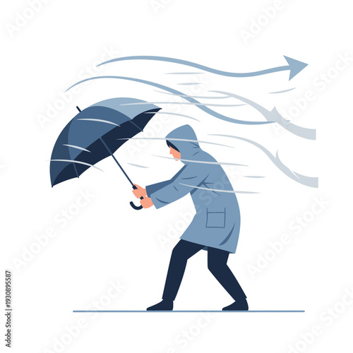 Person Battling Gusty Winds With Umbrella Protection