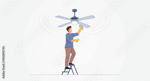 Person Cleaning Ceiling Fan With Cloth While Standing On Ladder