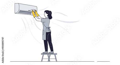Person Cleaning Air Conditioner Unit With Cloth On A Stool