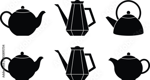 Set of black teapot and kettle silhouettes in various elegant styles and shapes, vector icons for kitchenware cafe tea party breakfast and domestic equipment