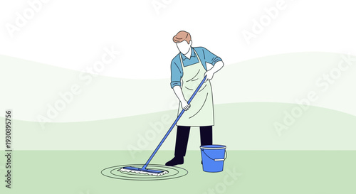 Person Cleaning Floor With Mop And Bucket Minimalist Style Graphic
