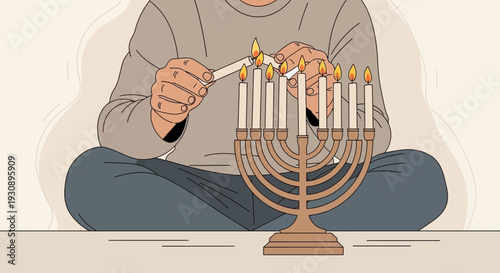 Person Lighting Chanukah Candles During Celebration Of The Jewish Festival Of Lights