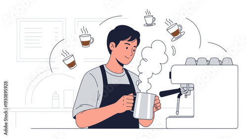 Professional barista preparing coffee with a steam machine and milk pitcher.