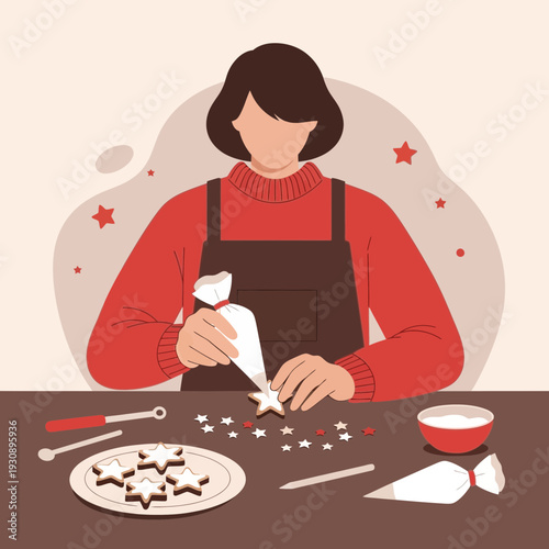 Person Decorating Star Shaped Cookies with Icing Bag Creative Pastry