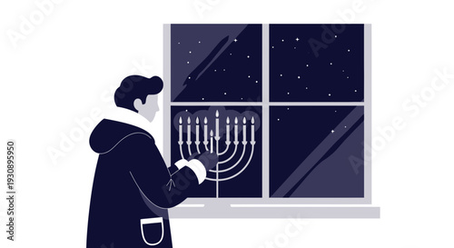 Person Lighting Menorah By Window On Starry Night