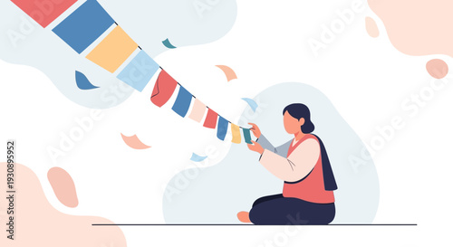 Person Decorating With Colorful Prayer Flags Outdoors