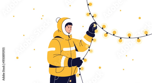 Person Decorating With Festive String Lights In Winter