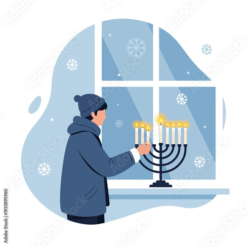 Person Lighting Menorah By Winter Window Festive Hanukkah Celebration