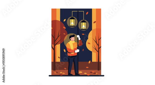 Person Lighting Up Autumn Evening Streetlights Amidst Falling Leaves