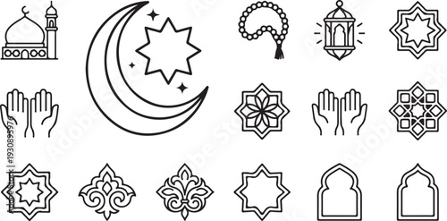 Minimalist Eid and Ramadan Line Icon Collection - Modern Islamic Outline Vector Elements for UI and Web