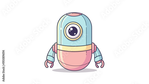 Cute robot character with one eye standing on a white background.