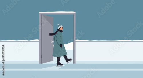 Person On Ice Skates Exiting Through Open Door Into Snowy Landscape