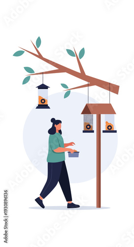 Person Filling Bird Feeders In A Backyard Garden Setting