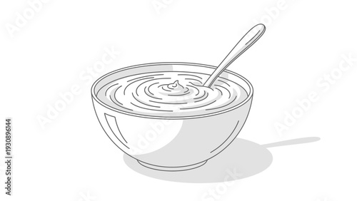 Bowl of yogurt with a spoon, line drawing.