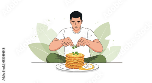 Person Garnishing Stack Of Pancakes With Fresh Herbs And Side Of Creamy Sauce