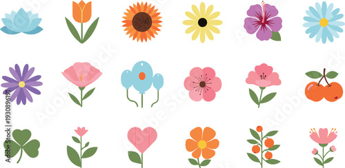 Cute Floral and Nature Icon Set with Colorful Flowers, Leaves, Fruits, and Botanical Elements for Spring Designs, Stickers, and Creative Illustrations