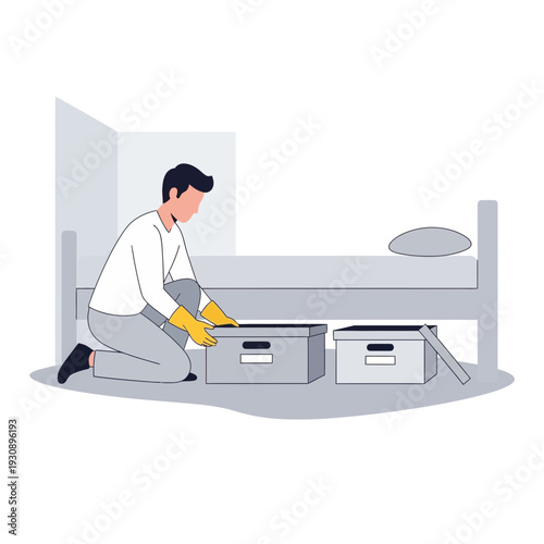 Person Organizing Storage Boxes Under Bed Domestic Decluttering And Tidying Routine Illustration