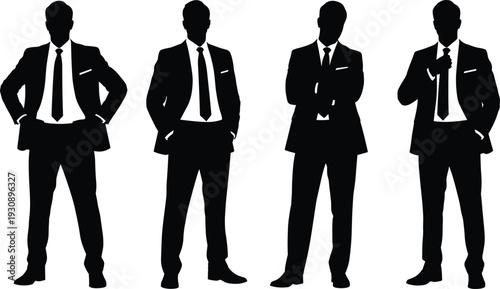 Set of professional businessman silhouettes in black formal suits, confident male entrepreneur standing poses for corporate leadership success and business team branding design