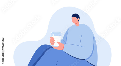 Person Holding Glass Of Milk, Contemplating Beverage in Blue Pastel Colored Illustration