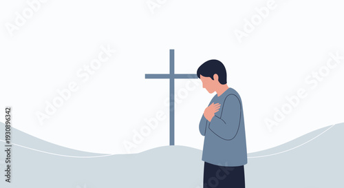 Person Praying Before A Stylized Cross Symbol