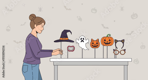 Person Preparing Halloween Themed Photo Booth Props For Party Decorations