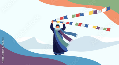 Person Holding Prayer Flags In A Mountain Landscape