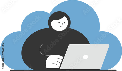 Person with black hair using a white laptop on a blue cloud background