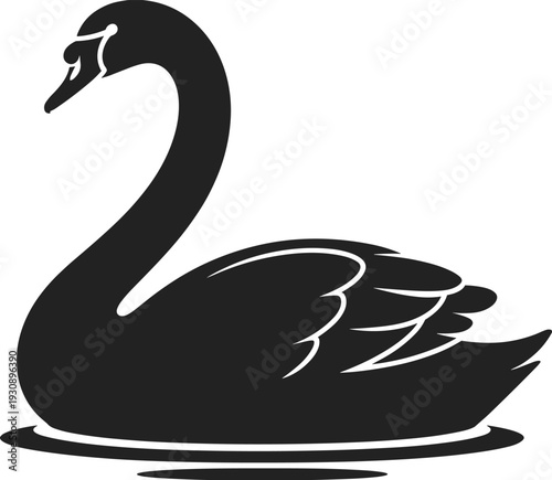 Black swan silhouette illustration, elegant water bird isolated on white background minimalist vector icon for logo design branding
