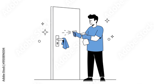 Person Sanitizing A Door Knob With A Spray Bottle And Cloth