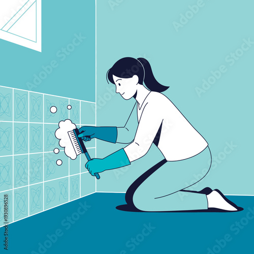Person Scrubbing Tiled Wall With Brush Cleaning Supplies Hygiene Routine