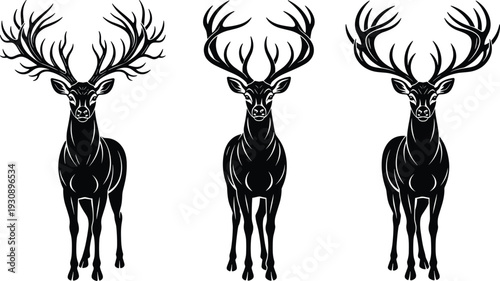 Set of three black deer silhouettes with large antlers standing in powerful poses, vector icons for forest wildlife hunting nature conservation and trophy branding