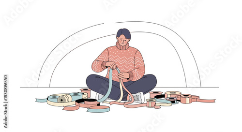 Person Seated Cross-Legged Manipulating Colorful Ribbons with Various Spools Arrayed