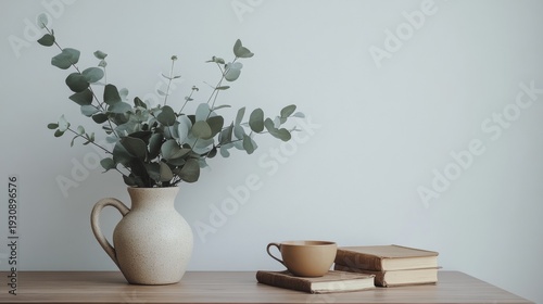 A comfortable living room scene featuring a wooden table with a vase of greenery, books, and decorative items on a white wall.
