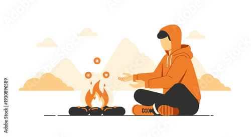 Person Sitting By Campfire In Mountain Landscape