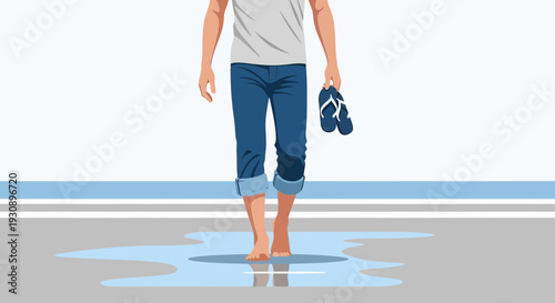Person Walking Barefoot Through Puddles Holding Flip Flops