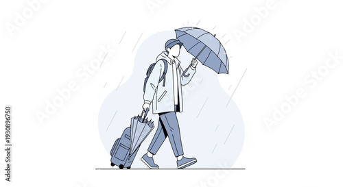 Person Walking in Rain With Luggage and Umbrella During a Cloudy and Rainy Day