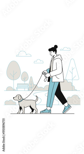 Person Walking Small Dog Outdoors In A Minimalist Style