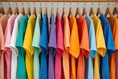 A vibrant retail display features a rack of colorful t-shirts on hangers, showcasing a variety of textile apparel and fashion clothing for sale in a stylish shop wardrobe