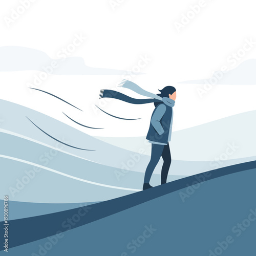 Person Walking Through Windy Winter Landscape Illustration