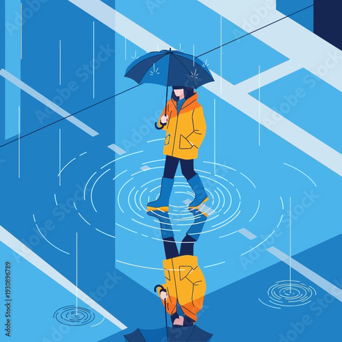 Person Walking Through Puddles Underneath An Umbrella On A Rainy Day With Reflection