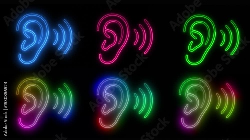 Multivariant neon ear animation with pulsing sound waves in multiple vibrant colors on a black background, audio, listening, communication, technology, or network