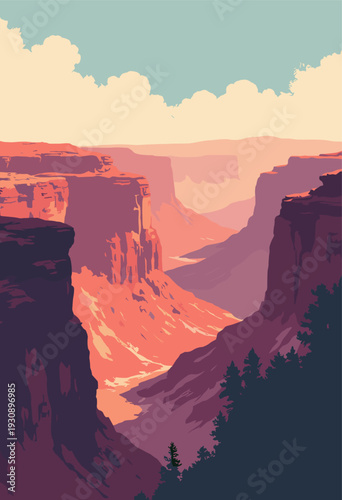 Grand Canyon layers stylized into flat, jagged geometric bands deep red, black, cream monumental, dominating landscape composition Poster style vast blank sky